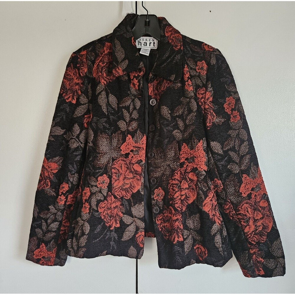 Keren Hart Womens Floral Tapestry Boho Jacket Blazer Button Front Size M